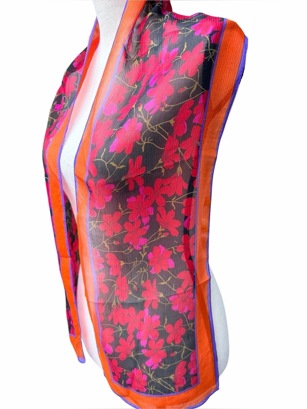 Kenzo Paris Silk Chiffon Floral Scarf Orange Pink Black Hand Rolled Hem